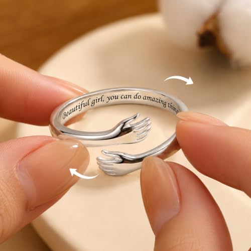 Sterling Silver Hug Ring for Women Teen Girls Adjustable Love Promise Ring Inspirational Open Rings Mothers Day Birthday Gift for Daughter Granddaughter Mom Wife Best Friend - color: Silver / Granddaughter Gift(Beautiful g***s,you can do amazing things)