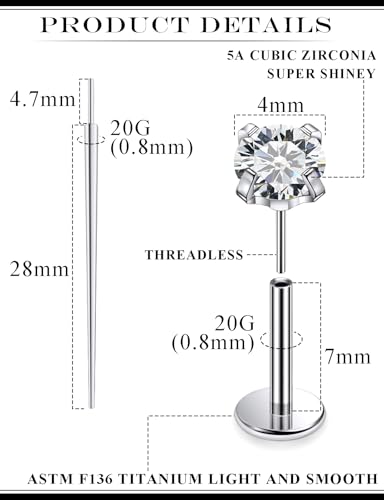 20G 18G 16G F136 Titanium Threadless Flat Back Earrings Nose Studs Tragus Forward Helix Conch Cartilage Lobe Earrings Medusa Labret Snake Bite Monroe Lip Ring Piercing Jewelry For Women Men - size: 20G-7MM Bar-CZ 4MM
