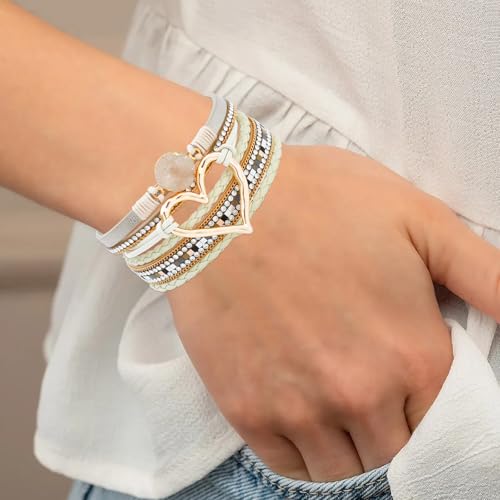 NEWITIN 2 Pieces Leather Wrap Bracelets for Women Leather Cuff Bangle Bracelets Boho Multi-Layer Bracelet Crystal Beads Bracelet for Women - color: Khaki
