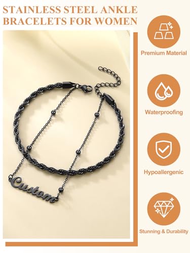 Custom4U Custom Name Anklet Bracelets for Women Waterproof Beaded/Figaro/Cuban/Rope/Wheat Chain Anklet Stackable Gold Plated Non Tarnish Custom Beach Gift Barefoot Summer Jewelry for Her - color: E03-Black Rope Chain