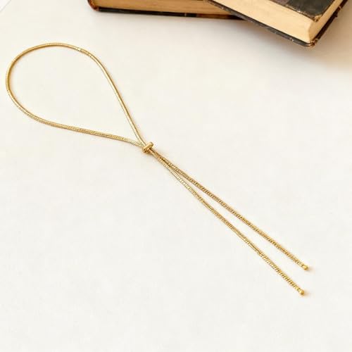 Frodete Gold Lariat Necklace for Women Long Gold Drop Necklace with Clear Beads Adjustable Y Necklace for Dresses Party Vacation - color: D3:gold long necklace