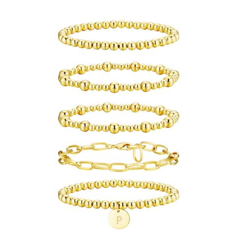 Beaded Bracelets for Women, 18K Gold Plated Initial A-Z Stretch Bead Ball Stackable Bracelet with Letter Jewelry Set Gifts - size: Gold-P