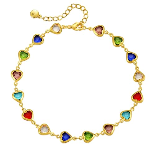 Ankle Bracelets for Women 18K Gold Plated Anklet for Women Gold Charm Anklet Waterproof Summer Beach Foot Chain Jewelry Gifts - style: ﻿heart colorful cubic zirconia