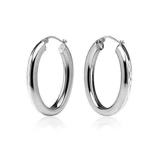 Hoops & Loops 925 Sterling Silver 4.5mm Thick Oval Diamond-Cut Hoop Earrings, 25mm 30mm, Silver, Yellow Gold, Rose Gold & Black - color: Silver 25mm-1''