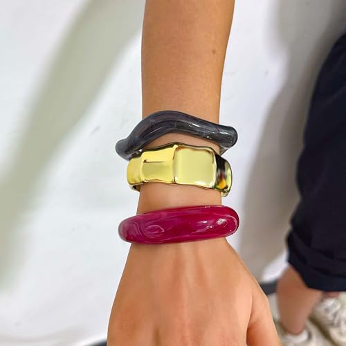 2PCS Chunky Acrylic Bracelet for Women Large Square Resin Cuff Vintage Open Bangle Bracelets Wide Geometric Jewelry - style: C-Gold+Red+Black