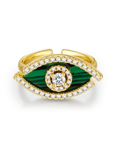 SNGIA 18K Gold Plated Adjustable Open Ring for Women Natural Stone CZ Statement Ring Tiger Eye Emerald Ruby Lapis Black Onyx Turquoise Evil Eye Boho Stackable Cocktail Ring Birthday Gift Jewelry - style: Malachite, Evil Eye
