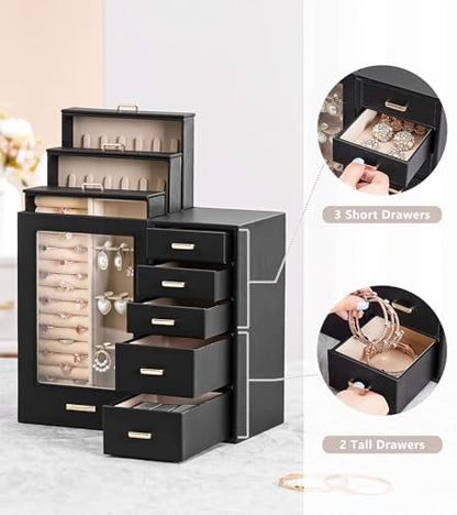 Homde Large Jewelry Box/Organizer/Case with Glass Window, Drawers for Necklaces Earrings Rings Bracelets Watches Gift for Women Girls - color: Black