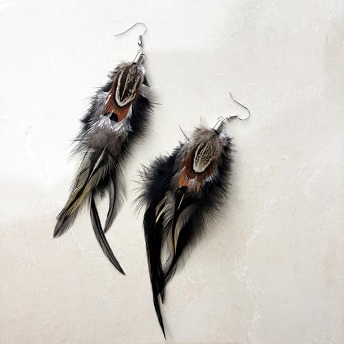 Bohemian Pheasant Peacock Long Feathers Statement Earrings Handmade Natural Lightweight Feather Dangle Earrings for Women (ea000071) - color: Black B