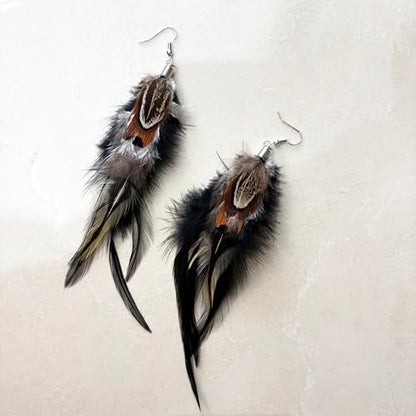 Bohemian Pheasant Peacock Long Feathers Statement Earrings Handmade Natural Lightweight Feather Dangle Earrings for Women (ea000071) - color: Black B