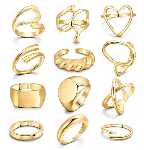 FAXHION 12PCS Gold Stackable Rings Set for Women, 18K Gold Plated Open Stacking Knuckle Ring, Adjustable Chunky Signet Band Statement Ring for Gift - color: 1-Gold-12pcs