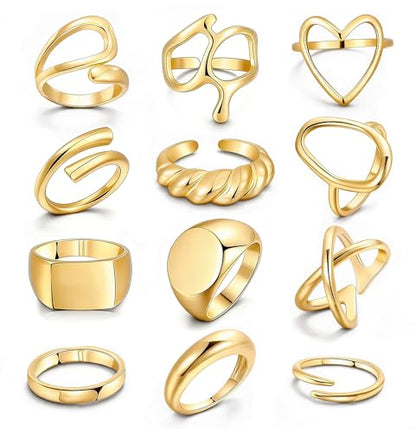 FAXHION 12PCS Gold Stackable Rings Set for Women, 18K Gold Plated Open Stacking Knuckle Ring, Adjustable Chunky Signet Band Statement Ring for Gift - color: 1-Gold-12pcs