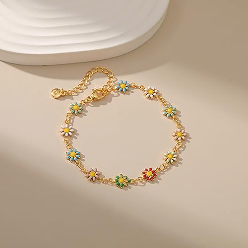 Dainty Gold Bracelets for Women, 18 Gold Plated Adjustable Evil Eye/Butterfly/Beaded/Pearl/Heart/Turquoise Handmade Bracelet for Women - style: Daisy