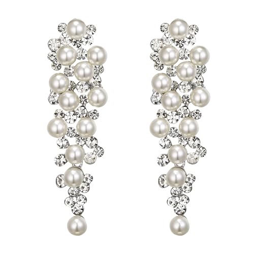 BriLove Women's Wedding Bridal Crystal Simulated Pearl Multi Beaded Cluster Chandelier Dangle Earrings - color: Silver-Tone