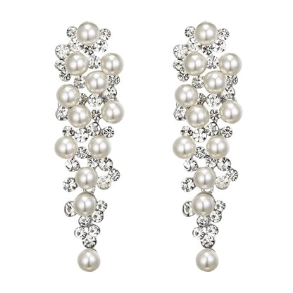 BriLove Women's Wedding Bridal Crystal Simulated Pearl Multi Beaded Cluster Chandelier Dangle Earrings - color: Silver-Tone