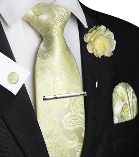 JEMYGINS Mens Paisley Tie and Pocket Square,Lapel Pin,Cufflinks,Tie Clip Sets with Gift Box 5PCS - color: Light Yellow