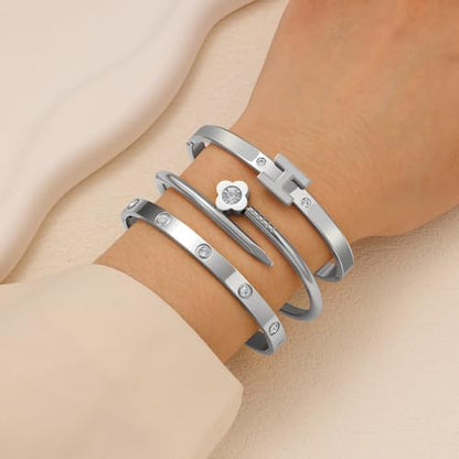 3Pcs Gold Bracelets for Women 14K Gold Plated Love/H/Nail Bangle Bracelet Dainty Non Tarnish Bracelet Jewelry Christmas Mothers Day Gifts for Women - color: 3Pcs Silver/Grey H bracelet
