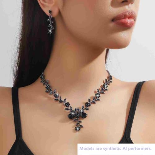 Kamirola Women's Wedding Jewelry Leaf Cluster Flower Crystal Dangle Earrings Pendant Necklace Set for BridalCrystal Bridal Jewelry Set - color: Black