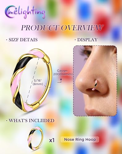 Melighting 20G Twist Nose Ring Hoop Stainless Steel 316L Piercing Jewelry | 7/8 mm Nose Piercing Jewelry, Cute Hinged Segment Clicker Lobe Helix Daith Cartilage Earring for Women - color: Gold PKB, size: 20g8mm