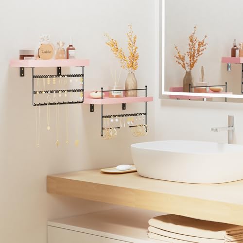 Lolalet Wall Mount Hanging Jewelry Organizer -Set of 2, Pink | Versatile Hanging Holder with Hooks for Earrings, Bracelets and Necklaces, Easy to Install on Bathroom Wall - color: Pink