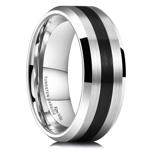 King Will Classic Tungsten Carbide Ring Brushed Two Grooved Center Hammered Design Mens Wedding Band for Men | Black/Silver/Gold, 8mm, Men's Wedding Band, Grooved, Comfort Fit, Everyday Wear - color: B-Silver 8mm
