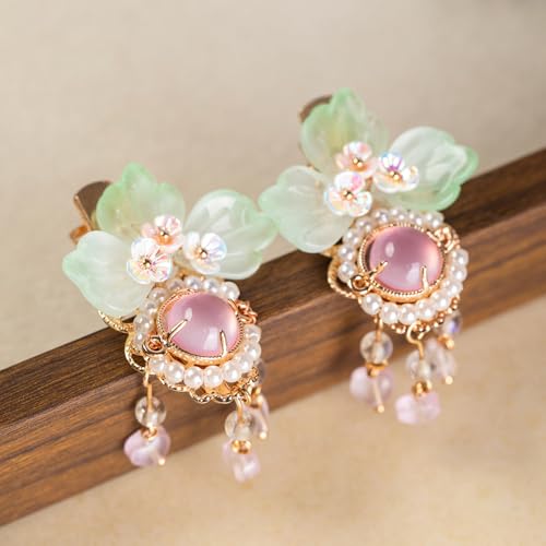 A Pair Wedding Hair Clips, Handmade Floral Design Crystal Hair Clips Pearl Barrettes, Rhinestones Flower Clips Pearl Headpieces Hair Pins Hair Accessories for Women Girls (Green) - color: Green