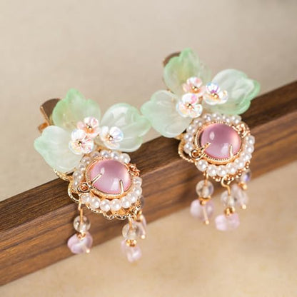 A Pair Wedding Hair Clips, Handmade Floral Design Crystal Hair Clips Pearl Barrettes, Rhinestones Flower Clips Pearl Headpieces Hair Pins Hair Accessories for Women Girls (Green) - color: Green