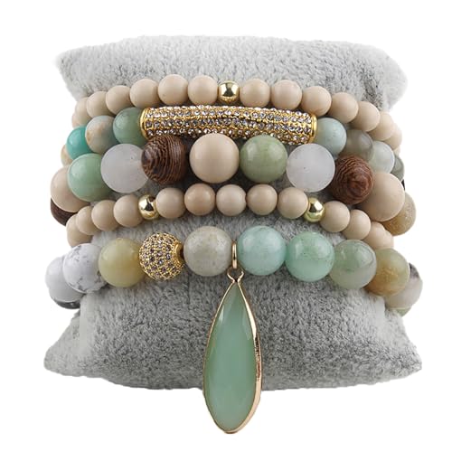 Yomisa Boho Beaded Bracelets/Bangle for Women,Multilayer 5/6/7PCS Healing Natural Handmade Stone Bead Bracelets Stackable Stretch Friendship Beaded Bracelet Set Trendy Western Bohemian Jewelry Gift - color: 5pcs-Beige&green