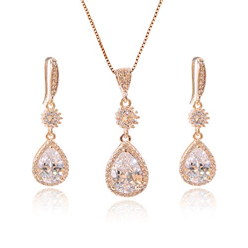 AMYJANE Elegant Jewelry Set for Women - Silver Teardrop Clear Cubic Zirconia Crystal Rhinestone Drop Earrings and Necklace Bridal Jewelry Sets Best Gift for Bridesmaids - style: Angle Tears (14k Yellow Gold Plated)