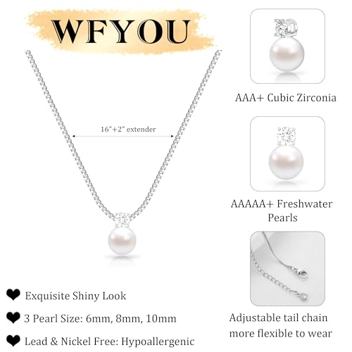 WFYOU Silver Gold Pearl Necklaces for Women 14K Gold Plated Dainty Necklace | Wedding Charm Pendant Necklace, Simple Pearl Necklace Waterproof Non Tarnish, Pearl Jewelry, Mothers Day Bridesmaid Gifts - color: Silver, size: 8mm