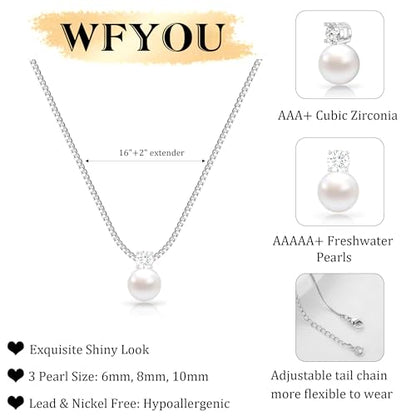 WFYOU Silver Gold Pearl Necklaces for Women 14K Gold Plated Dainty Necklace | Wedding Charm Pendant Necklace, Simple Pearl Necklace Waterproof Non Tarnish, Pearl Jewelry, Mothers Day Bridesmaid Gifts - color: Silver, size: 8mm