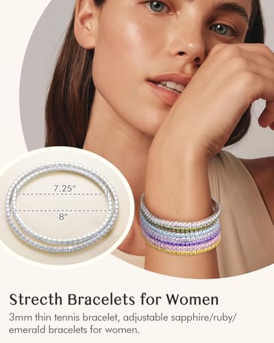 DAYBYDAY 3mm Stretch Tennis Bracelets for Women, 925 Sterling Silve Birthstone Bracelet, Dainty Adjustable Stackable Gemstone Cubic Zirconia Bracelet, Length 7.25-8 Inch