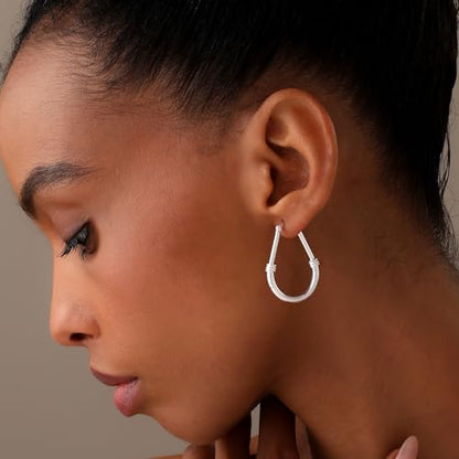 LeCalla 925 Sterling Silver Hoop Earrings for Women | Italian Design Classic Diamond-Cut Textured Hoops Earring | Women's Oval Drop Shape Silver Earring Jewelry - color: Large Classic