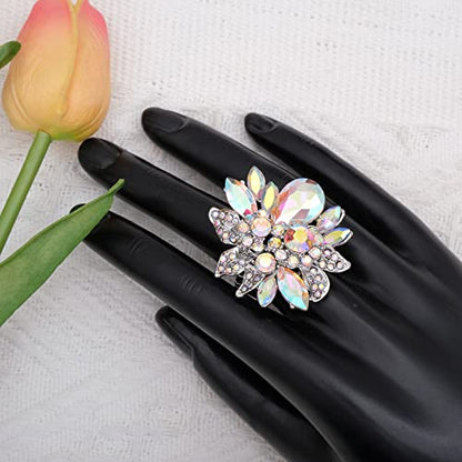 CSY Luxury Froral Cocktail Statement Rings Stretch Adjustable Ring | Gorgeous Women's Austrian Crystal Leaves Flower Big Cocktail Statement Rings Stretch Adjustable Ring Jewelry Accessories - color: AB Crystal