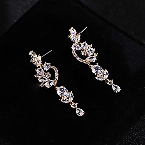 CZ Bridal Earrings for Wedding - 14k Plated Sterling Silver Elegant Teardrop Cubic Zirconia Crystal Rhinestone Floarl Leaf Cluster Chandelier Statement Dangle Drop Earrings for Bride Bridesmaids Party - color: Floral - Gold