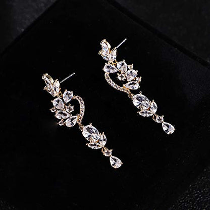 CZ Bridal Earrings for Wedding - 14k Plated Sterling Silver Elegant Teardrop Cubic Zirconia Crystal Rhinestone Floarl Leaf Cluster Chandelier Statement Dangle Drop Earrings for Bride Bridesmaids Party - color: Floral - Gold