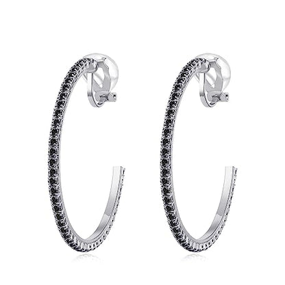 YOQUCOL 4.3CM(1.7in) Clip On Hoop Earrings Cubic Zirconia Non Pierced Ears Hoops for Women - color: Silver-Black