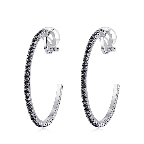 YOQUCOL 4.3CM(1.7in) Clip On Hoop Earrings Cubic Zirconia Non Pierced Ears Hoops for Women - color: Silver-Black