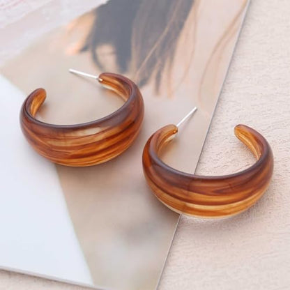 Punk Turquoise Hoop Earring Chunky Acrylic Hoop Earrings Blue Turquoise Circle Earring Acrylic Resin Hoops Earrings Wide C Shape Western Statement Jewelry for Women - color: Brown