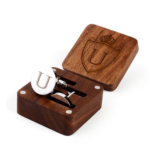 Mens Initial Silver Cufflinks A-Z Alphabet Letter Steel Cuff Links with Engraved Walnut Wood Box Groom Groomsman Wedding Set… - style: U