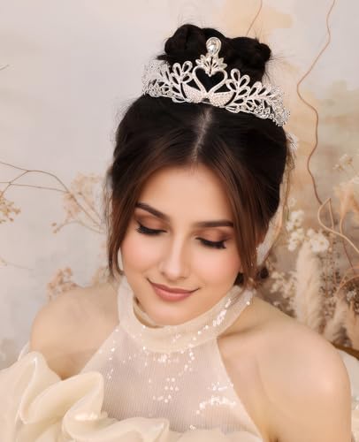 Wedding Crystal Tiara for Women Elegant Bridal Pearl Rhinestone Crown Swan Queen Princess Costume Crown Star Crystal Headpiece Accessory for Cosplay Birthday Party - color: Swan 2-silver