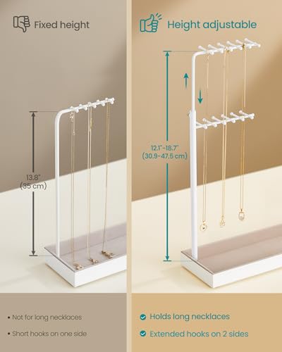 SONGMICS Jewelry Holder, Metal Frame, Velvet Tray, Matte White | Jewelry Storage Organizer Stand with Metal Frame, 12.1 to 18.7 Inches Tall Height Adjustable Necklace Holder for Rings - color: Matte White