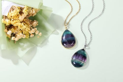 Jovivi Rainbow Fluorite Crystal Teardrop Pendant Necklace Natural Healing Stone Reiki Quartz Gemstone Necklace Jewelry for Women Men