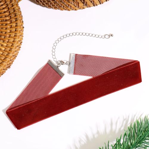 Velvet Choker Necklace for Women Goth Halloween Y2K Ribbon Collar Set - color: 2.54cm-12pcs-wine red