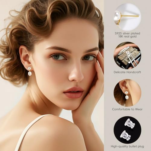 Petite Pearl Drop Earrings for Women - Real Freshwater Cultured Pearls Collection, S925 Sterling Silver Hypoallergenic Posts, 18K Gold Plated Dainty Jewelry - color: White