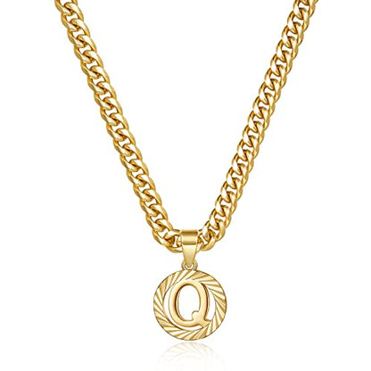 KissYan Initial Pendant Necklaces for Women Men | 14K Gold Filled/White Gold Plated, Hollow Round Letter Capital Monogram Charm with 5mm Cuban Chain, Alphabets from A-Z - color: Gold, style: Q