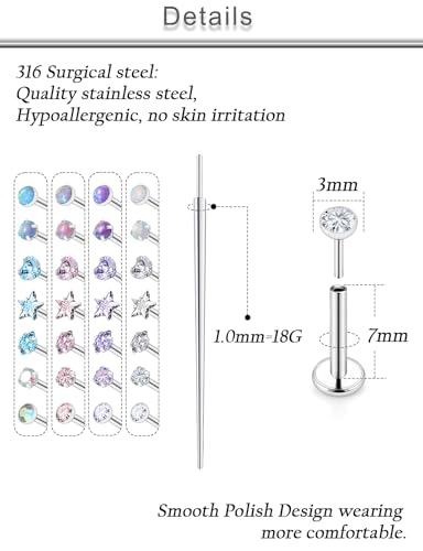 20G 18G 16G Threadless Lip Labret Nose Rings Studs Flat Back Earrings 316L Surgical Steel Snake Bites Lip Medusa Monroe Rings Push in Cartilage Tragus Helix Conch Earrings Studs 6mm 8mm 10mm - color: Silver-18G（1.0mm)-7mm Bars-3mm CZ