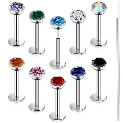 20G 18G 16G Astm F136 Titanium Threadless Flat Back Earrings Nose Studs Tragus Helix Conch Cartilage Lobe Earrings Medusa Labret Snake Bite Monroe Lip Ring Piercing Jewelry For Women Men - size: 16G-6MM Bar-CZ 4MM