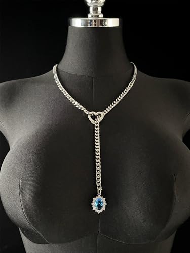Women's Heart O-Ring Slip Chain Necklace, Double Layered Adjustable 39'' Cuban Chain with Detachable Heart Clasp and Colorful Rhinestone Pendant - color: 25'' Silver-Ocean Blue