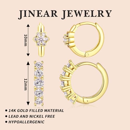 JINEAR 2 Pairs Gold Hoop Earrings for Women Dainty Huggie Earrings Set | 14K Gold Plated Cubic Zirconia Hypoallergenic Lightweight Waterproof Cartilage Hoop Earrings Trendy Jewelry Gift - color: hoop earrings-3