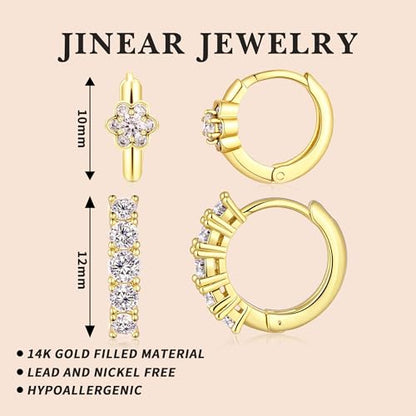 JINEAR 2 Pairs Gold Hoop Earrings for Women Dainty Huggie Earrings Set | 14K Gold Plated Cubic Zirconia Hypoallergenic Lightweight Waterproof Cartilage Hoop Earrings Trendy Jewelry Gift - color: hoop earrings-3